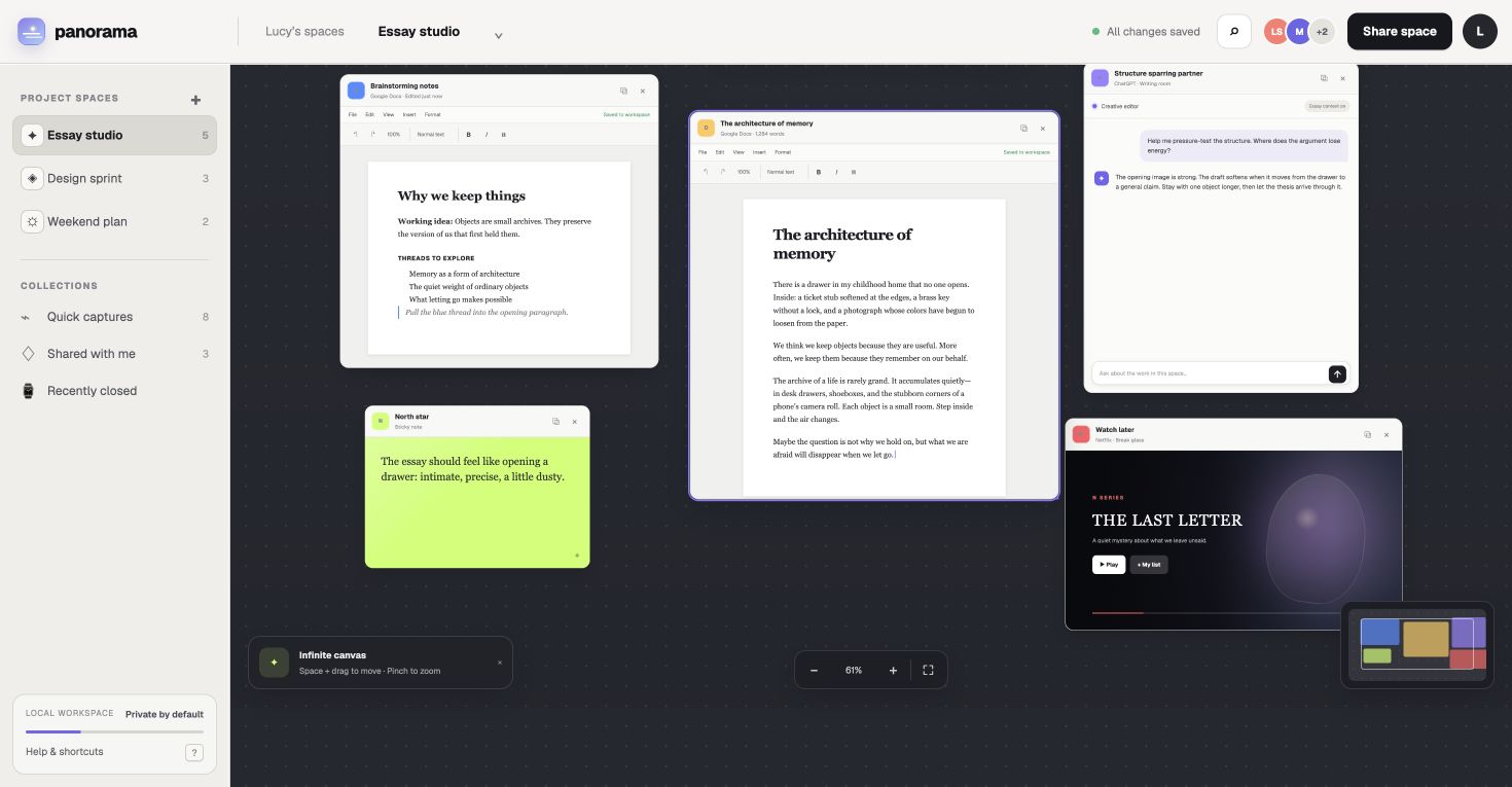The real Panorama interface with two editable documents, ChatGPT, Netflix, a note, project spaces, zoom controls, and minimap